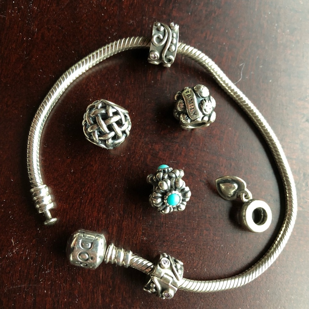Pandora Bracelet PLUS 4 charms/2holders Authentic.